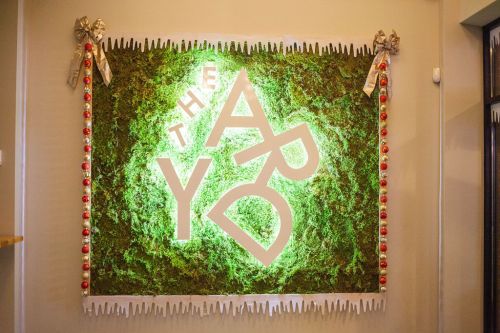 A green moss wall display with the words "THE YARD" illuminated, decorated with red ornaments and festive bows.