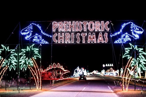 A colorful light display reads "Prehistoric Christmas" with dinosaur and palm tree decorations along a road.