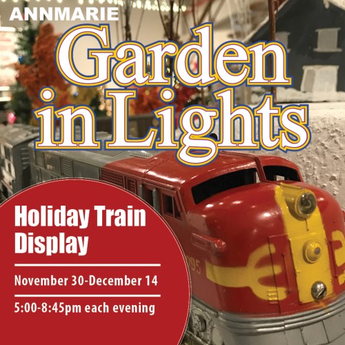 A festive holiday train display at Annmarie Garden, featuring lights and decorations, running from November 30 to December 14.