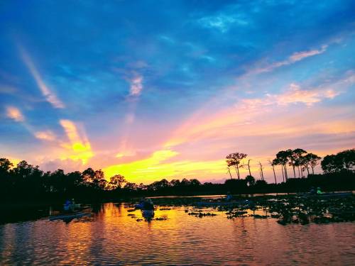 A serene sunset over a calm lake, with vibrant colors reflecting on the water and silhouettes of trees in the background.