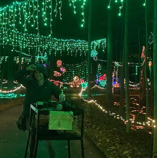 A person stands beside a cart in a forest path adorned with colorful holiday lights and decorations.