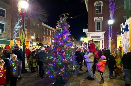 A festive crowd gathers around a brightly lit Christmas tree in a charming town square at night.