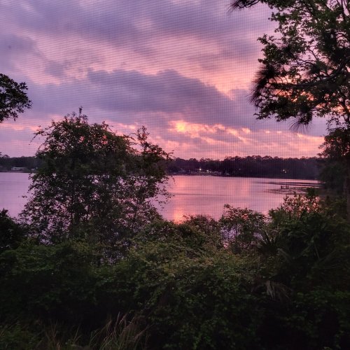 A serene lake at sunset, with pink and purple clouds reflecting on the water, surrounded by lush greenery.