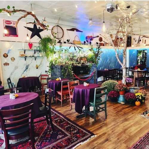 Cozy restaurant interior with purple tablecloths, plants, and eclectic decor, featuring wooden floors and colorful flowers.