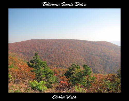 Scenic view of colorful autumn foliage on rolling hills, framed by trees, with "Talimena Scenic Drive" text overlay.