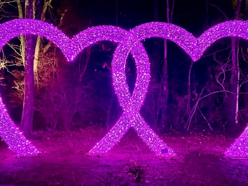 Three large, illuminated purple heart shapes intertwined in a dark, wooded area.