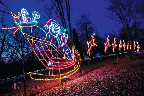 Colorful holiday lights depict Santa in a sleigh with reindeer against a twilight sky, surrounded by bare trees.