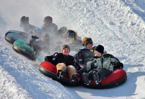 A group of children joyfully tubing down a snowy hill, surrounded by snow and laughter.