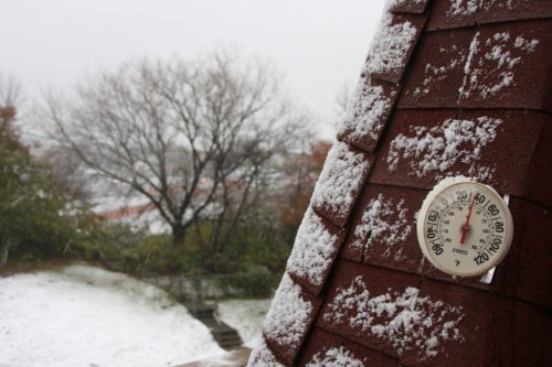 A thermometer on a snowy roof shows a low temperature, with a blurred winter landscape in the background.