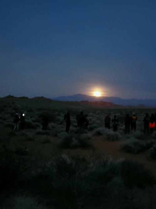 A group of people stands in a desert landscape at dusk, with a rising moon illuminating the mountains in the background.