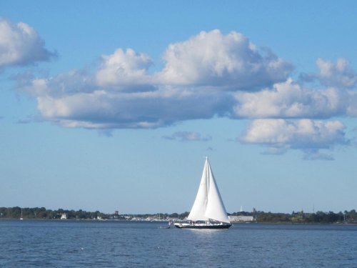A sailboat glides across a calm waterway under a blue sky with fluffy clouds in the background.