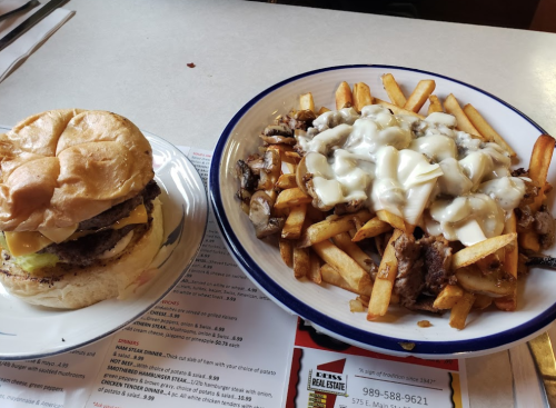 A cheeseburger with pickles beside a plate of loaded fries topped with cheese and beef.