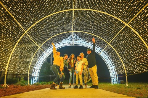 A group of five people poses joyfully under a canopy of twinkling lights at night.