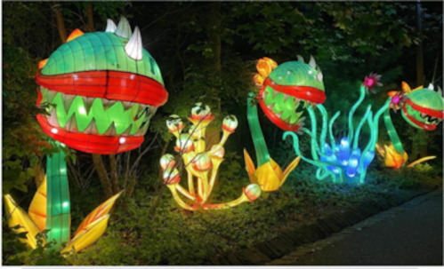 Colorful illuminated lanterns of giant plants, including carnivorous flowers, glowing in a dark garden setting.