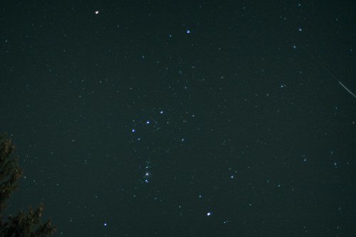 A night sky filled with stars, featuring the Orion constellation and a faint shooting star.