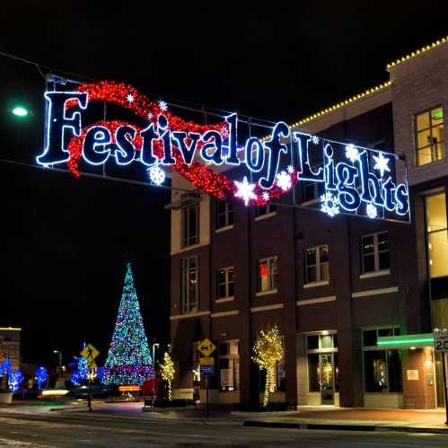 Colorful lights illuminate a festive street scene, featuring a large Christmas tree and a sign reading "Festival of Lights."