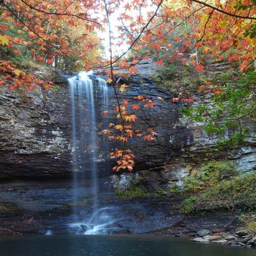 A serene waterfall cascades over rocky cliffs, surrounded by vibrant autumn foliage.