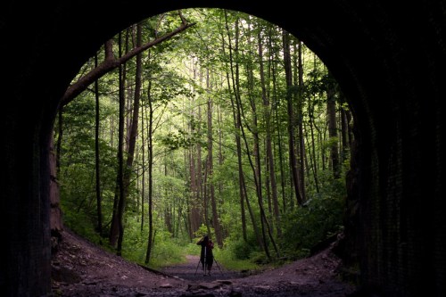 A person stands with a camera inside a dark tunnel, framed by lush green trees and sunlight in the background.
