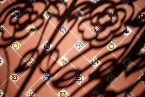Intricate tile patterns on a floor, with dramatic shadows cast over them, creating a striking visual contrast.