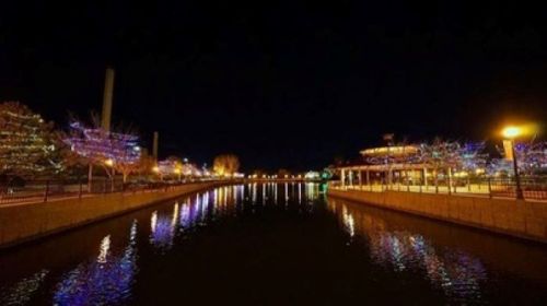 A serene night view of a river lined with trees and buildings adorned with colorful lights.