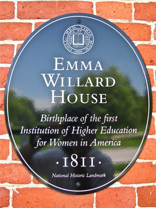 Plaque for Emma Willard House, birthplace of the first institution for women's higher education in America, established 1811.