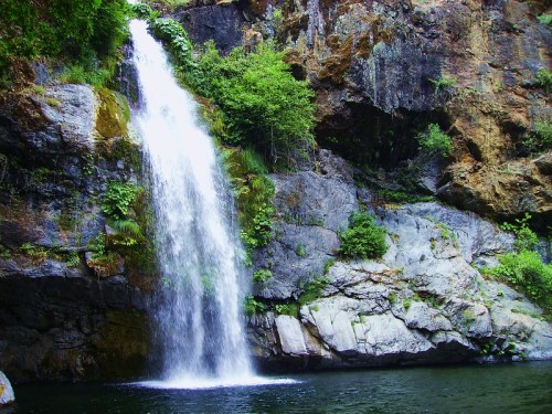A serene waterfall cascading over rocky cliffs, surrounded by lush greenery and a tranquil pool below.