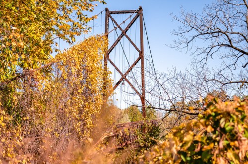 A weathered suspension bridge surrounded by autumn foliage and bare trees against a clear blue sky.
