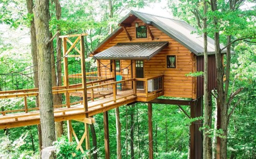 A wooden treehouse nestled among green trees, connected by a wooden walkway.