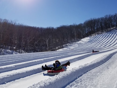 Two people tubing down a snowy slope on a clear, sunny day, with tree-covered hills in the background.