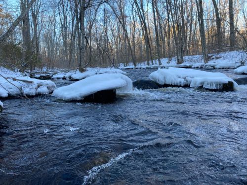 A snowy river scene with icy rocks and trees in a winter landscape, reflecting soft sunlight.