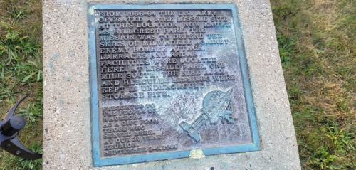 Plaque detailing the U.S. Army's missile site operations from 1956-66 at this location, now known as Hiltcrest Park.