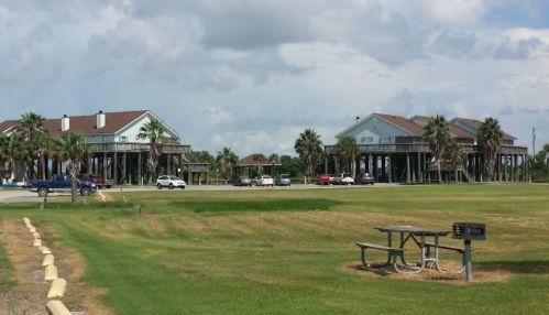 Two houses on stilts beside a grassy area, with palm trees and parked cars under a partly cloudy sky.