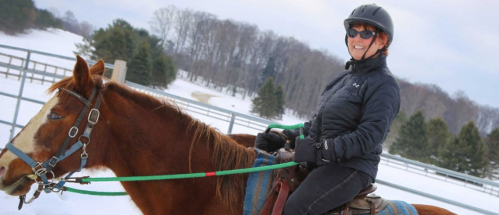A person in a helmet rides a brown horse in a snowy landscape, wearing sunglasses and a black jacket.