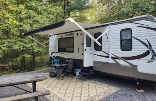 A parked RV with an awning, surrounded by trees, and a picnic table nearby on a patterned outdoor rug.