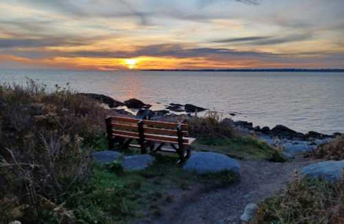 A wooden bench by the shore overlooks a tranquil sunset over the water, surrounded by rocks and greenery.