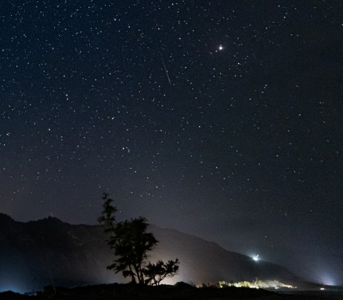 A starry night sky with a shooting star, silhouetted trees, and distant lights on a mountain landscape.