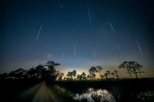 A starry night sky with multiple meteor trails above a dark landscape and a reflective water body.