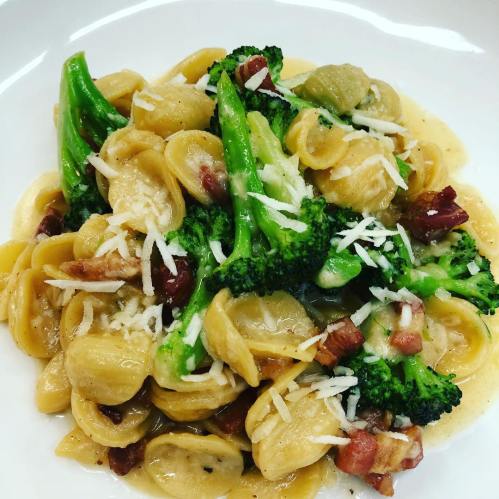 A bowl of orecchiette pasta with broccoli, bacon, and grated cheese in a creamy sauce.
