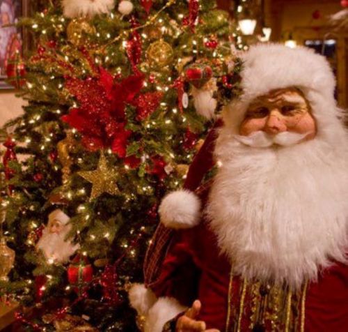 A cheerful Santa Claus with a fluffy white beard stands in front of a decorated Christmas tree.