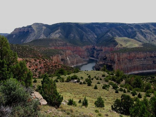 A scenic view of a canyon with a river winding through, surrounded by green hills and rocky cliffs.