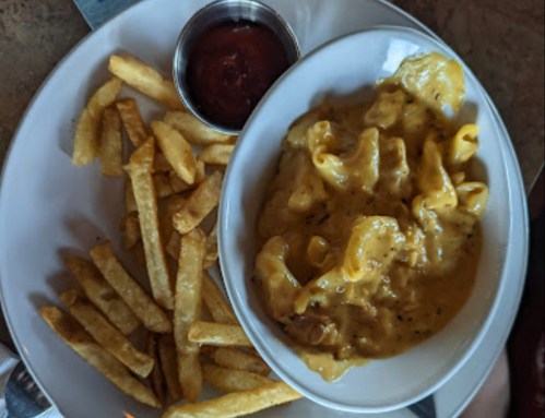 A bowl of creamy pasta with cheese sauce and a side of golden fries, accompanied by a small cup of ketchup.