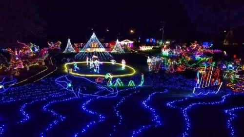 A vibrant display of colorful holiday lights in a park, featuring trees, decorations, and festive scenes at night.
