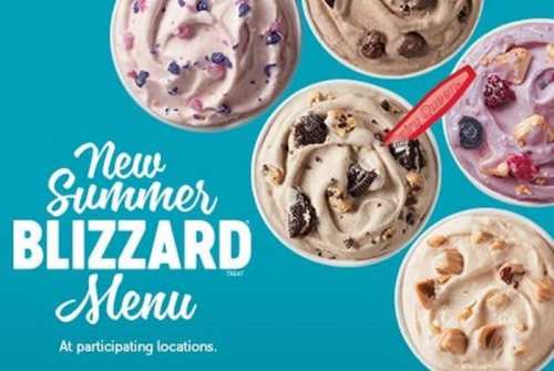 Four colorful Blizzard treats in bowls, featuring various toppings, with text announcing a new summer menu.