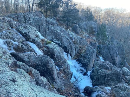 Rocky terrain with patches of ice and sparse trees in a forested area during winter.