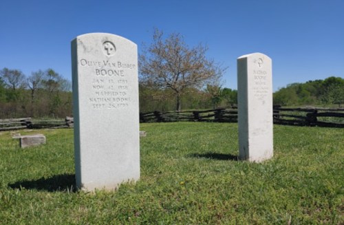 Two white gravestones in a grassy area, with trees and a wooden fence in the background under a clear blue sky.