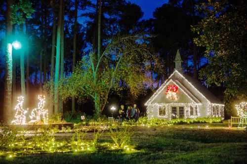 A charming, illuminated cottage decorated for the holidays, surrounded by trees and festive lights.