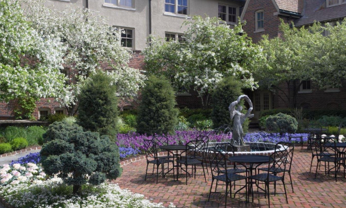 A serene garden with blooming trees, colorful flowers, and a central fountain surrounded by outdoor seating.