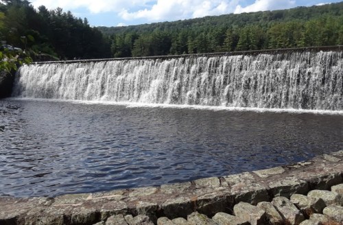 A serene waterfall cascading over a stone dam into a calm lake, surrounded by lush green trees and a blue sky.