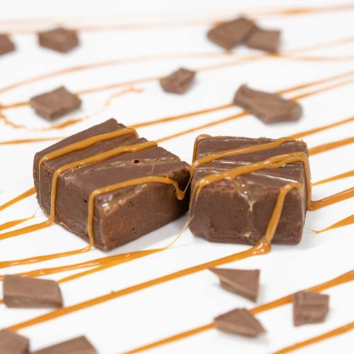 Two chocolate squares drizzled with caramel sauce, surrounded by scattered chocolate pieces on a white background.