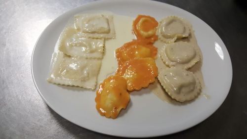 A white plate with two types of ravioli: one in a creamy sauce and the other in a light orange sauce.